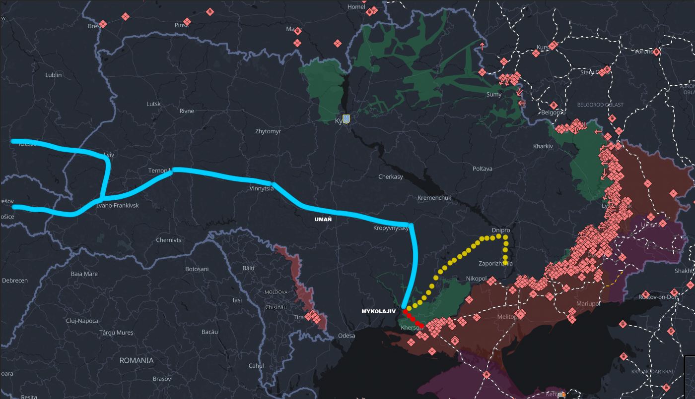 Mapa trasy konvoja — spoločná trasa, kyvadlovo do Chersonu, smer Dnipro