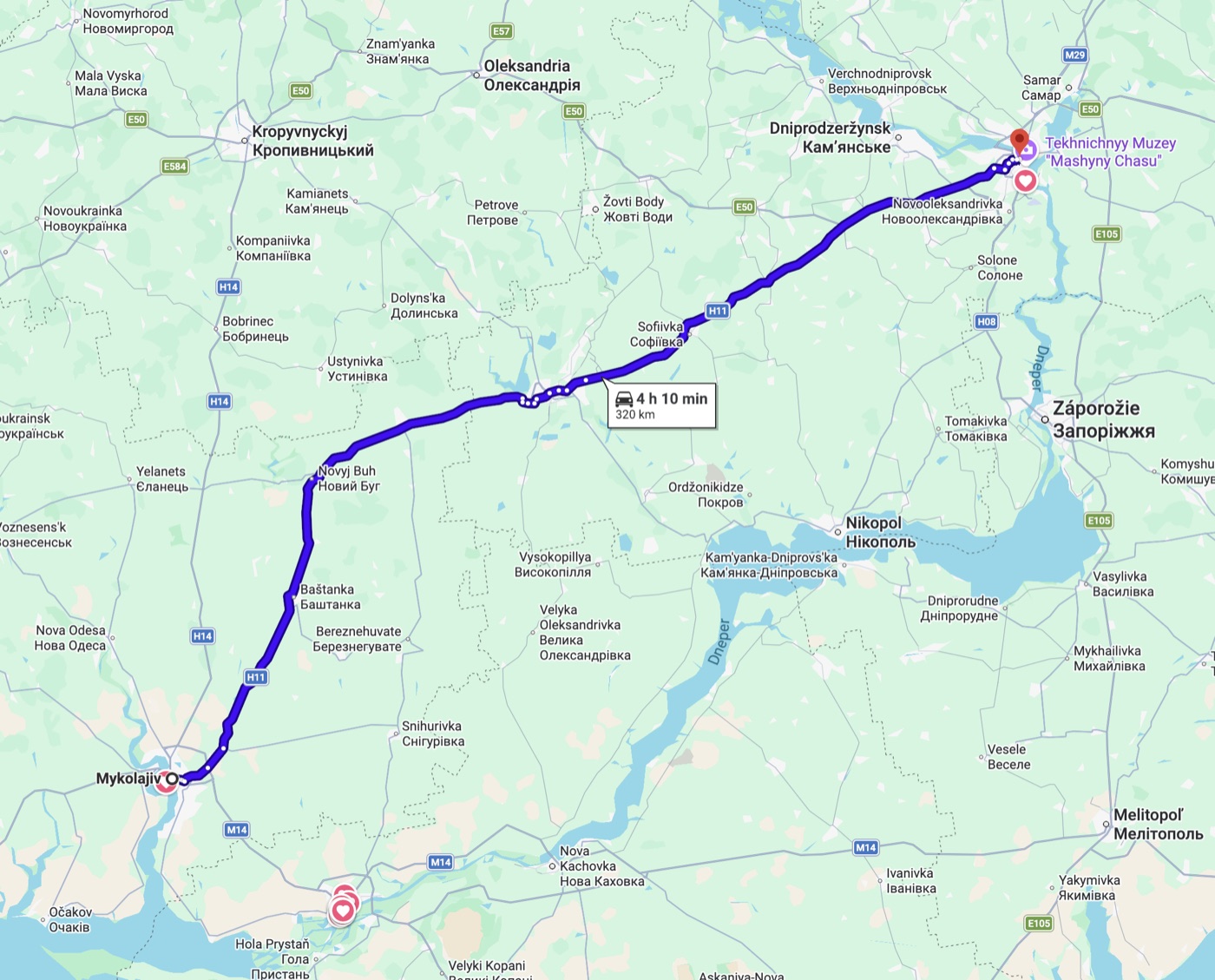 Reálna cestná mapa Mykolajiv – Dnipro, 320 km, cca 4 h 10 min